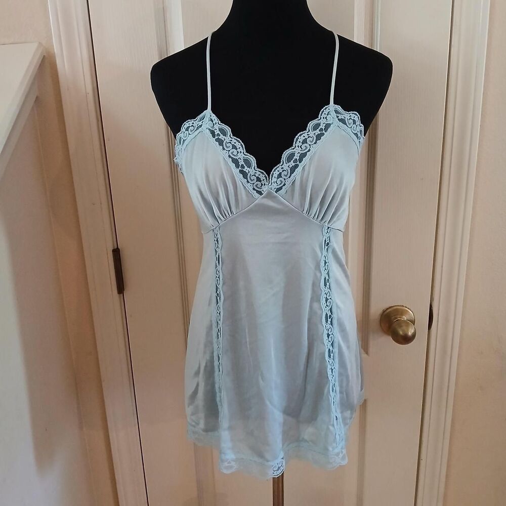 Vintage 1970s Deena Blue Babydoll Lace Trim Slip Dress S Fairy Dainty Coquette